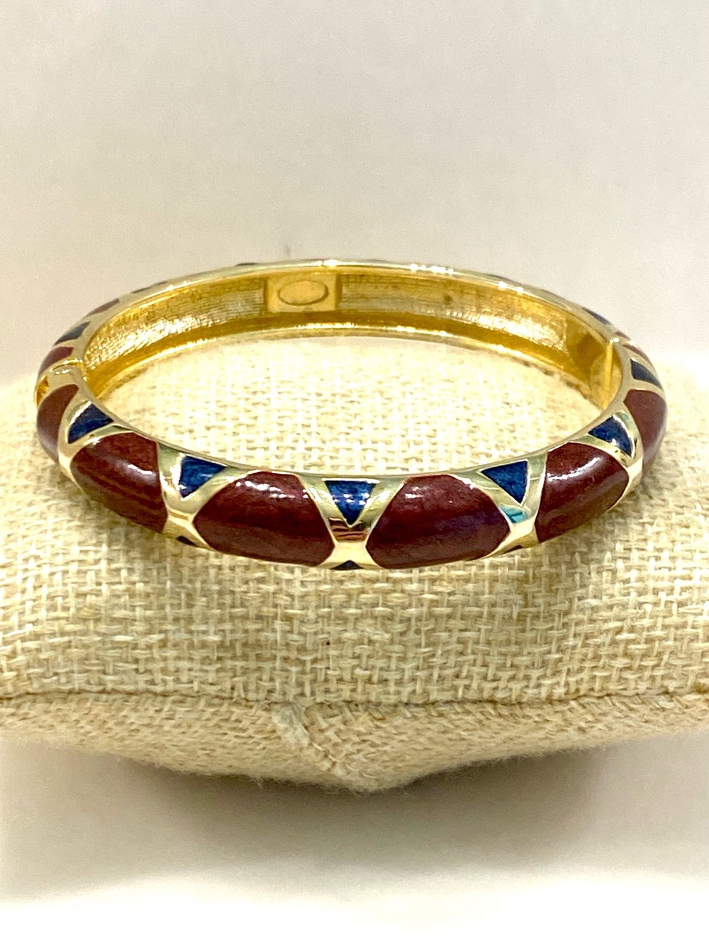 Vintage Maroon Red Blue Enamel Gold Tone Hinged Bangle Geometric Bracelet